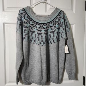 Molly & Isadora Gray Patterned Cowl Neck Women's Sweater, 1X